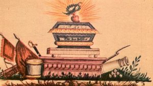 Túmulo funerario y urna para depositar los restos de los héroes de la patria. Dibujo del siglo XIX.