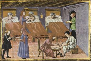 Miniatura del códice 2470 de la Biblioteca Laurenciana (Florencia): Hospital medieval, siglo X.
