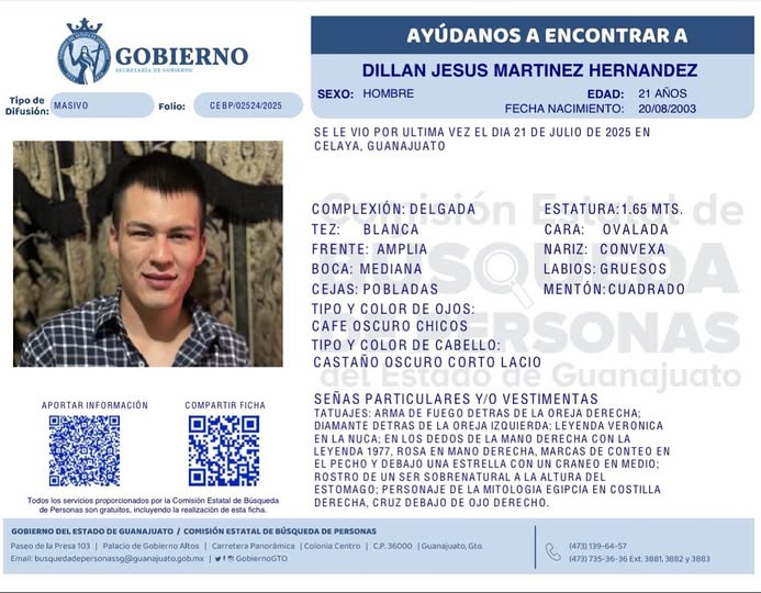 Desaparecido Dillan Jesús Martínez Hernández, de Celaya