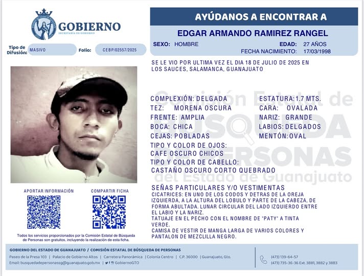 Desaparecido Edgar Armando Ramírez Rangel, de Salamanca.