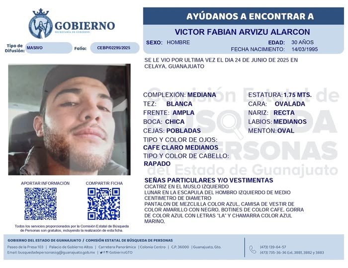 Desaparecido Víctor Fabián Arvizu Alarcón, Celaya