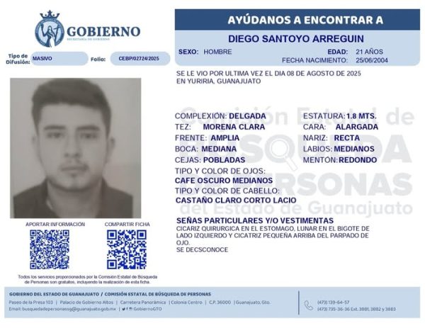 Desaparecido Diego Santoyo Arreguín de Yuriria