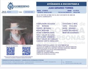 Desaparecido Juan Gerado Torres, de Celaya.