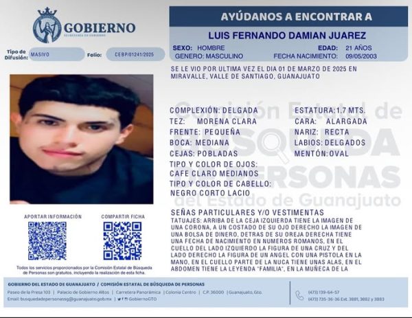 Desaparecido Luis Fernando Damián Juárez, de Valle de Santiago