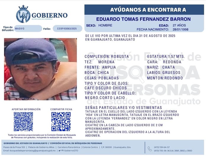 Eduardo Tomás Fernández Barrón, desaparecido en Guanajuato capital.