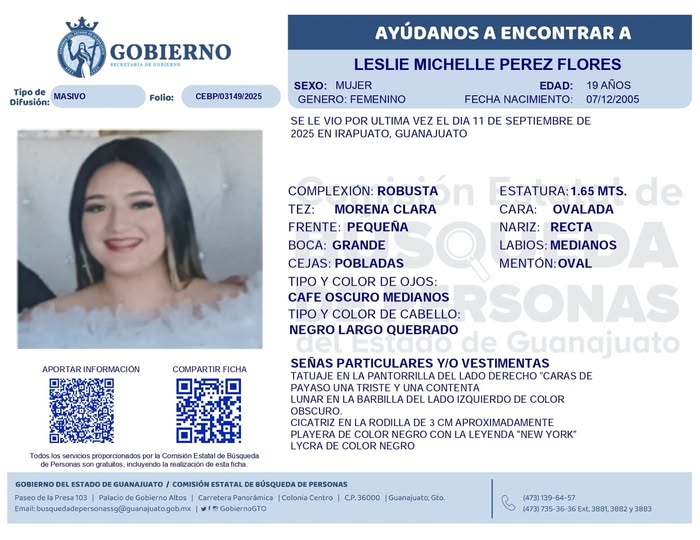 Leslie Michelle Pérez Flores desaparecida en Irapuato