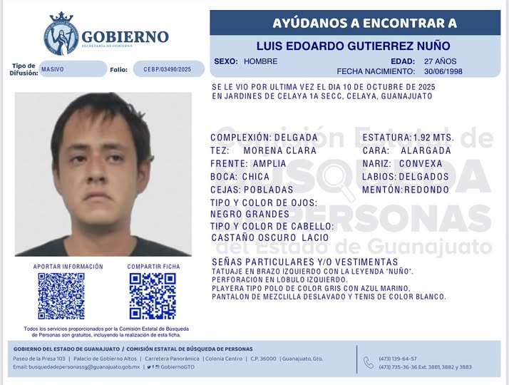 Luis Edoardo Gutiérrez Nuño, desaparecido en Celaya. .