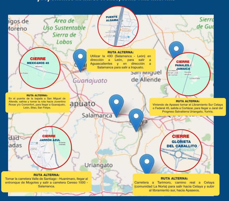 Mapa de rutas alternas por posibles bloqueos carreteros en Guanajuato.
