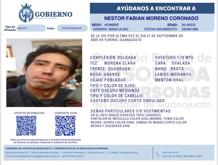 Nestor Fabian Moreno Coronado persona desaparecida en Yuriria