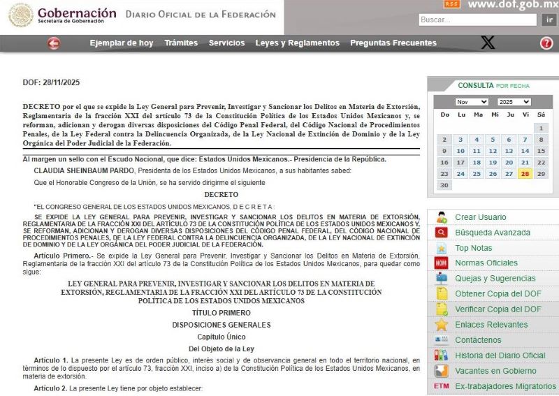 DOF Ley extorsión