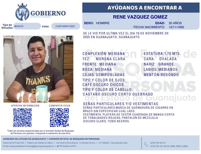 René Vázquez Gómez, desaparecido en Guanajuato.