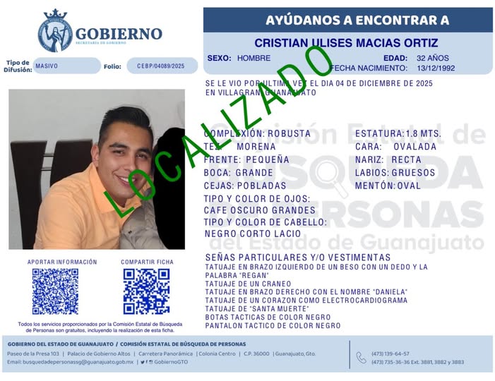Cristian Ulices Macías Ortiz, localizado de Villagrán