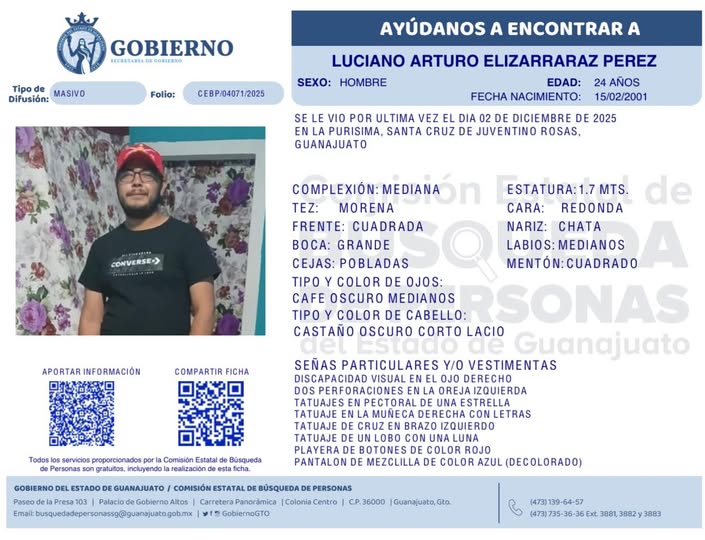 Luciano Arturo Elizarraraz Pérez, desaparecido en Juventino Rosas.