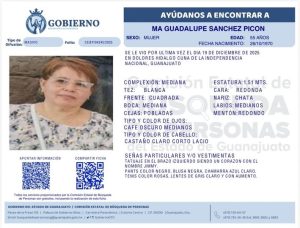 Ma. Guadalupe Sánchez Picón, desaparecida en Dolores Hidalgo.