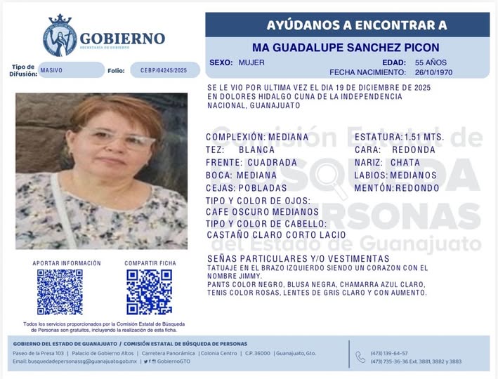 Ma. Guadalupe Sánchez Picón, desaparecida en Dolores Hidalgo.