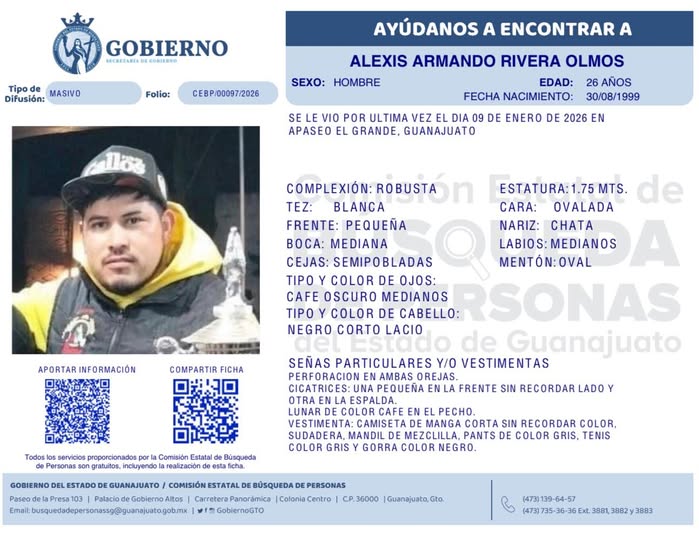 Alexis Armando Rivera Olmos, desaparecido en Apaseo el Grande.