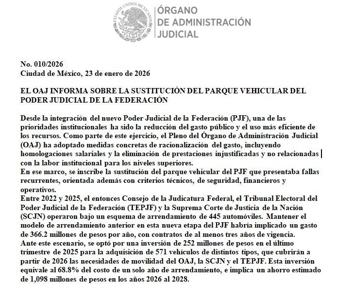 Comunicado compra vehículos SCJN