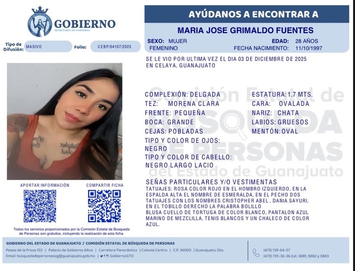 María José Grimaldo Fuentes, desaparecida en Celaya.