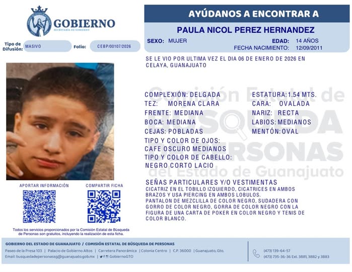 Paula Nicol Pérez Hernández, desaparecida en Celaya
