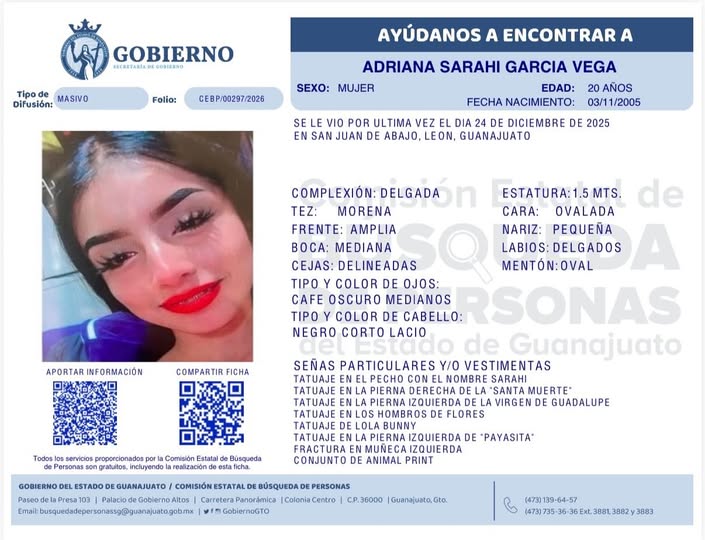 Adriana Sarahí García Vega, desaparecida en León.