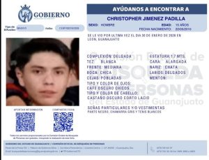 Christopher Jiménez Padilla, tiene reporte de desaparecido en León.