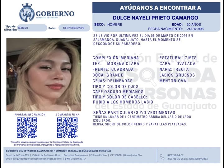 Dulce Nayeli Prieto Camargo desapareció en Salamanca.