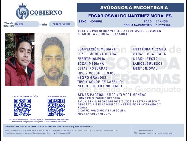 Edgar Oswaldo Martínez Morales desapareció en Silao.