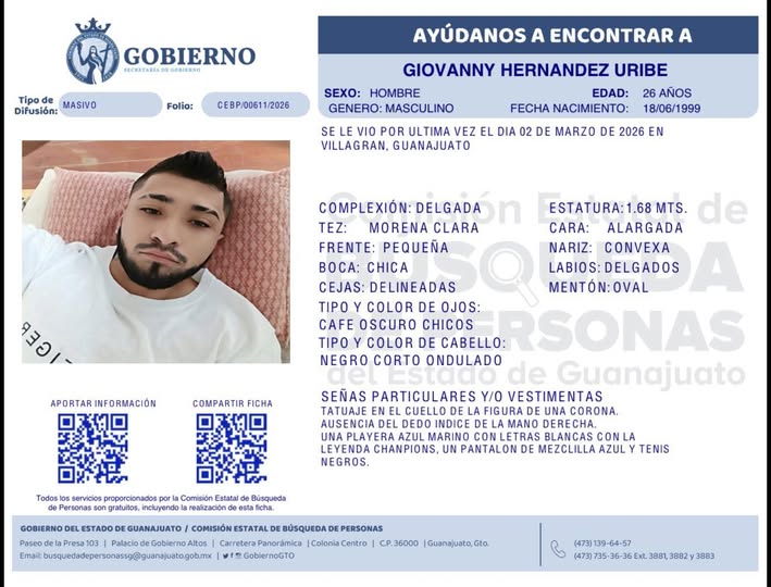 Giovanny Hernández Uribe, desapareció en Villagrán.