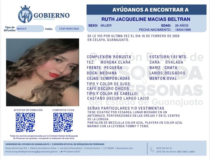Ruth Jaqueline Macías Beltrán, desaparecida en Celaya.