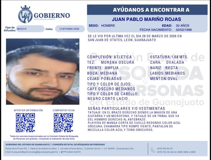 Juan Pablo Mariño Rojas, desapareció en Celaya.