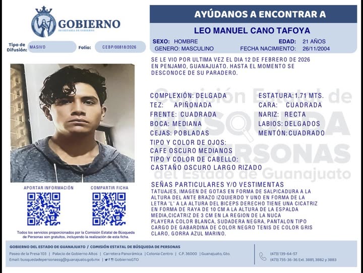 Leo Manuel Cano Tafoya, desapareció en Pénjamo.