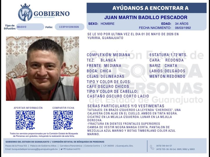 Juan Martín Badillo Pescador, desapareció en Yuriria.