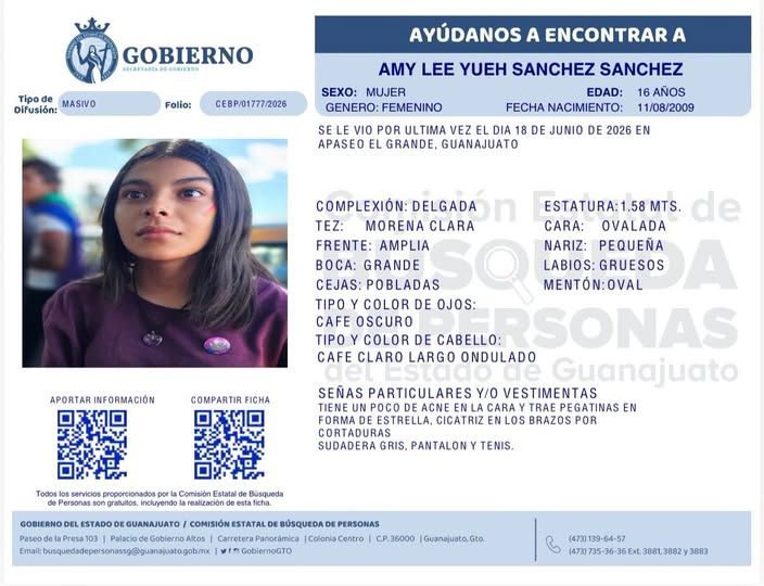 Amy Lee Yueg Sánchez Sánchez, desapareció en Apaseo el Grande