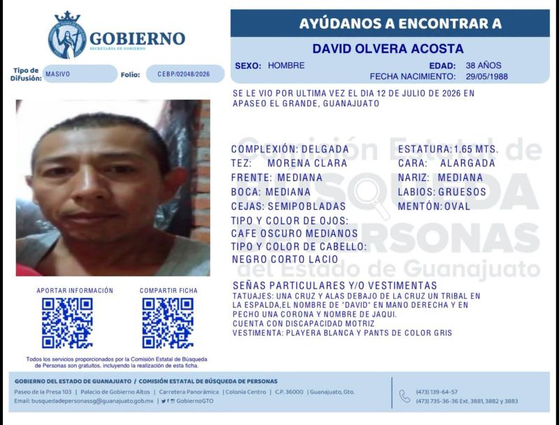 David Olvera Acosta, desapareció en Apaseo el Grande.