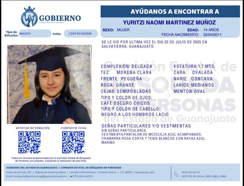 Yuritzi Naomi Martínez Muñoz, desapareció en Salvatierra