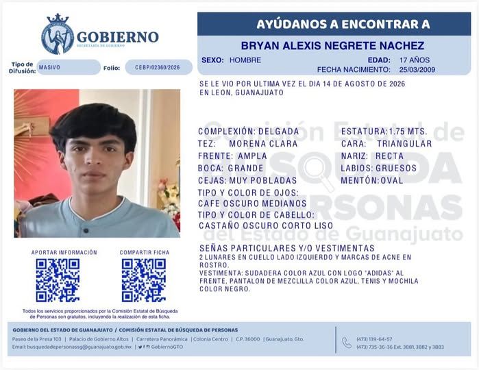 Bryan Alexis Negrete Ruiz Sachez, desapareció en León.
