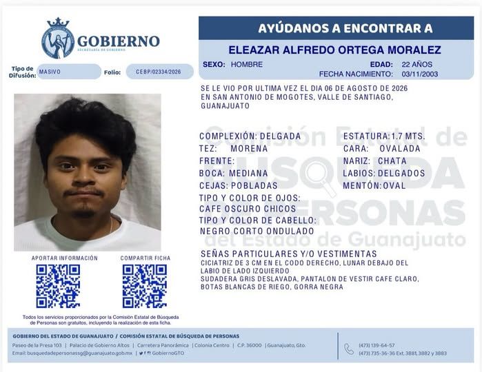 Eleazar Alfredo Ortega Morales, desapareció en Valle de Santiago.