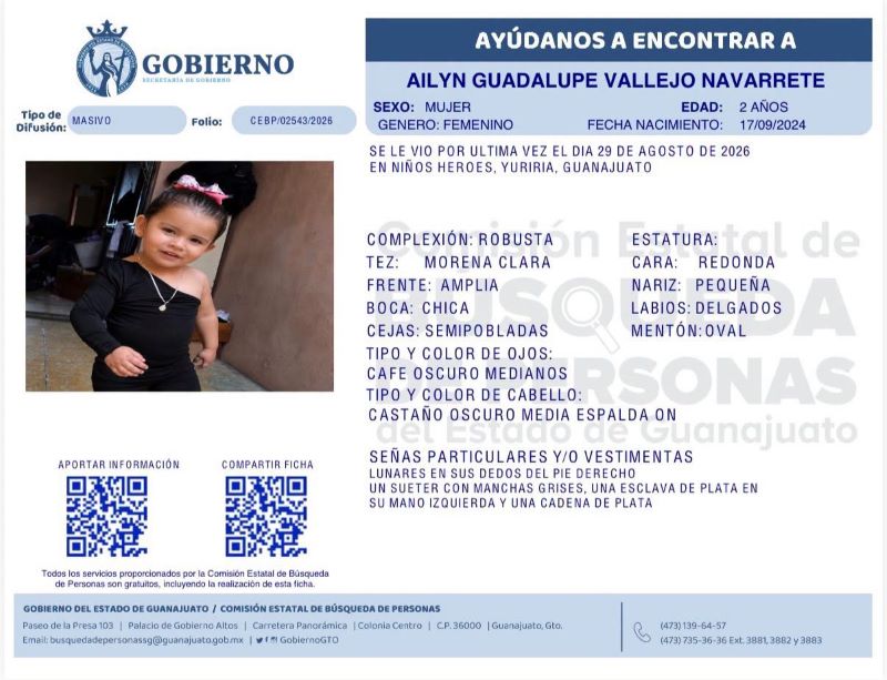 La niña Ailyn Guadalupe Vallejo desapareció en Yuriria