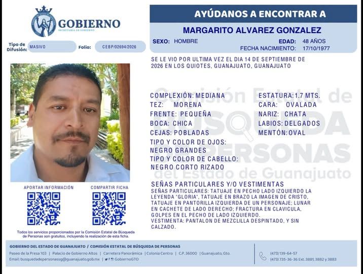 Margarito Álvarez González, desaparecido en Guanajuato capital.