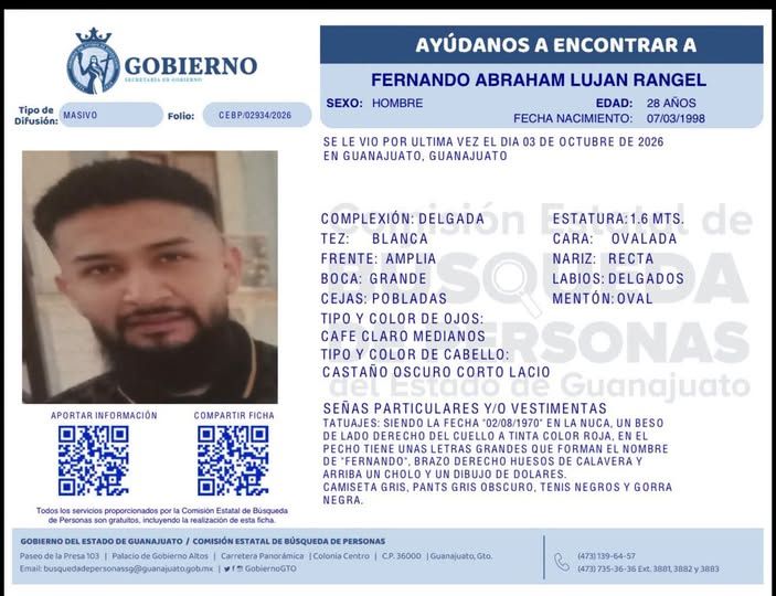 Fernando Abraham Lujan Rangel, desapareció en Guanajuato capital.