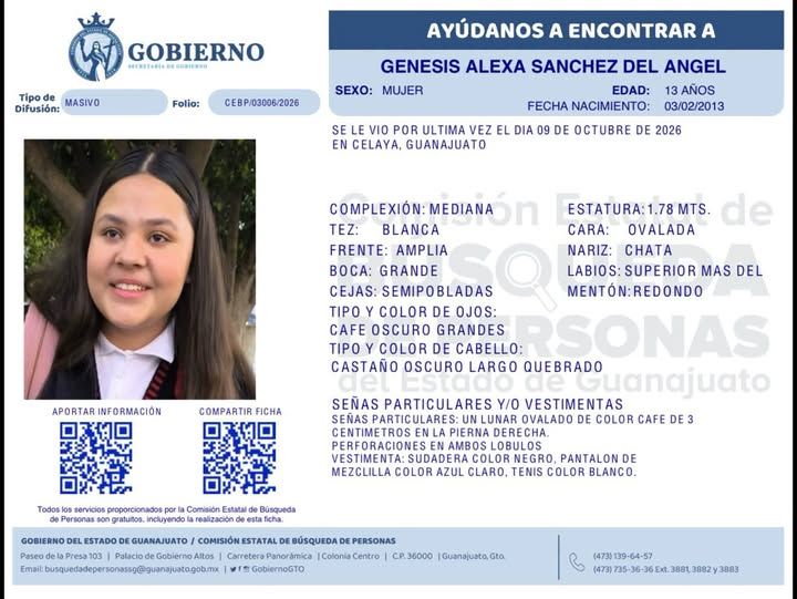 Génesis Alexa Sánchez del Ángel, desapareció en Celaya