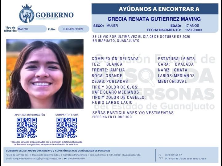 Grecia Renata Gutiérrez Maving, desapareció en Guanajuato.