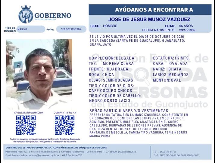 José de Jesús Muñoz Vázquez, desapareció La Sauceda, de Guanajuato capital.