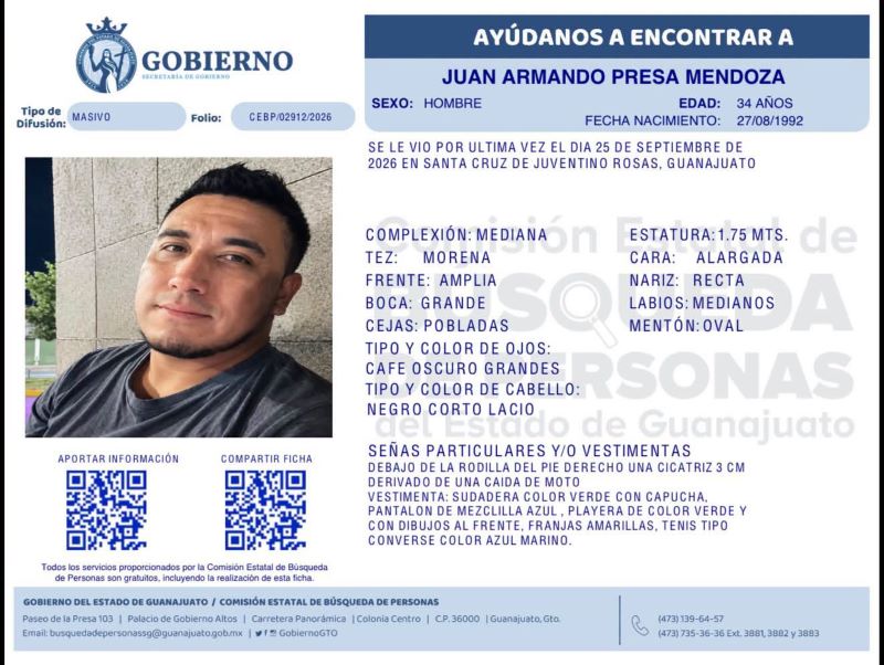 Juan Armando Presa Mendoza, desaparecido en Juventino Rosas.
