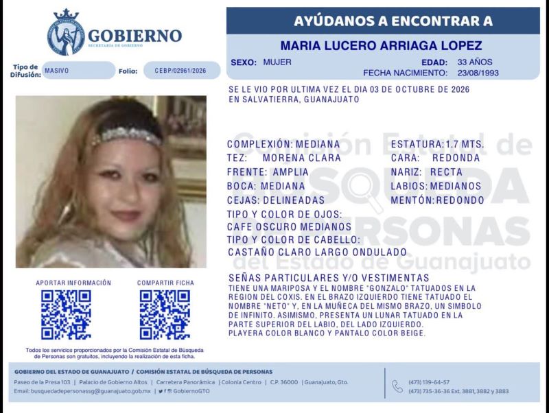María Lucero Arriaga López, desapareció en Salvatierra.